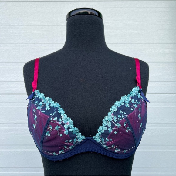 Aubade Embroidered Demi Bra in Blue and Pink, 34C - Picture 1 of 13